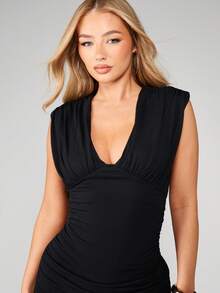 MISSGUIDED Ruched Sleeveless Mini Dress Deep V-Neck Bodycon Party Night Out Fitted - Black - View 4