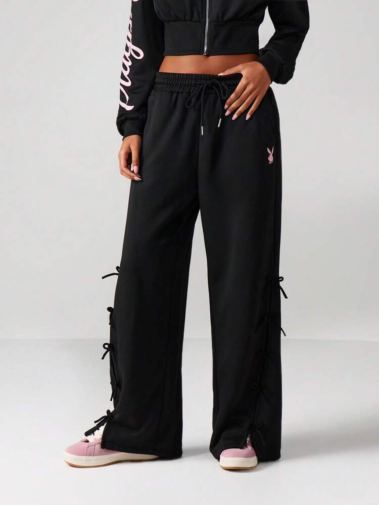 Missguided x Playboy Wide Leg Graphic Joggers With Side Lace Up Details And Print