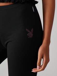 Missguided x Playboy Rhinestone Logo Capri Leggings With Studded Embellishment Details High Waisted Stretch Pants - Black - View 4