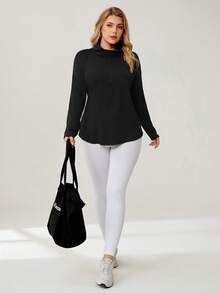 Auralis Athleisure Plus Size Women Half Zipper Long Sleeve Sports T-Shirt, Black T-Shirt For Women, Black Sweatshirts, Jogging Outfits, Women's Sportswear For Fall/Winter - Black - View 4