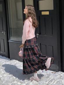 DAZY 少女休闲格子印花多层荷叶边下摆迷你裙