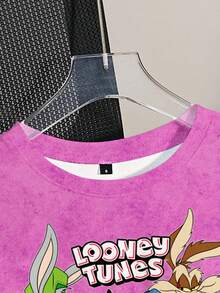 LOONEY TUNES X SHEIN Áo thun ngắn tay in chữ và hình động vật hoạt hình thường ngày dành cho nữ, mùa hè - trắng - Xem 5