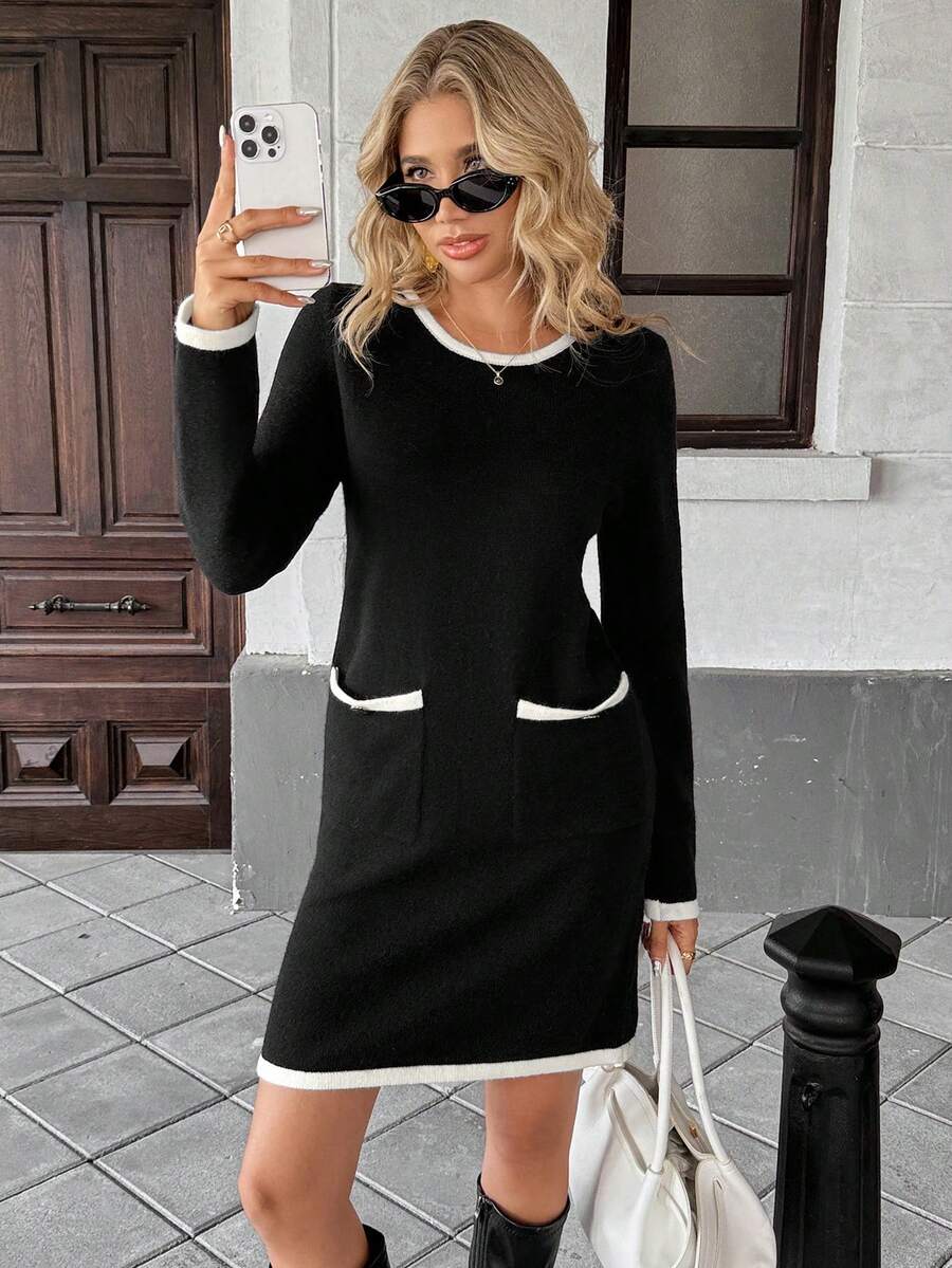 Chiquease Women's Autumn/Winter Contrast Piping Pockets Fitted Sweater Dress, Suitable For Work And Commute