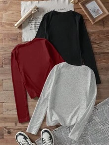 SHEIN EZwear 3 件套女式图案印花圆领休闲修身长袖 T 恤套装，秋冬 - 彩色 - 查看 2