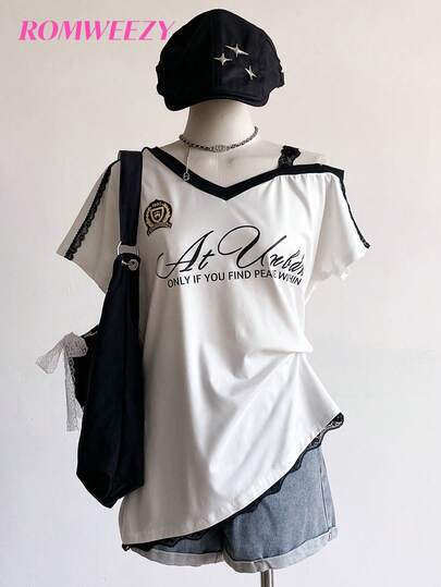 SHEIN 1pc Sweet & American Style Fitted Patchwork Contrast Color Floral Print T-Shirt With Lace Trim, Summer