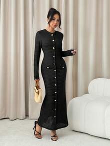 SHEIN PETITE Black Textured Fabric Button Decor Back Slit Long Sleeve Elegant Long Dress For Women,For Summer Vacation,Women Summer Clothing ,Petite Women - Black - View 5