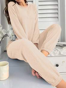 SHEIN 女士纯色提花圆领长袖上衣和裤子睡衣套装，冬季服装 - 杏色 - 查看 6
