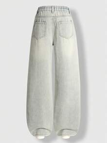SHEIN ChillGRL Tween Girl Light Blue Jeans, Cute Back-To-School Summer School Loose Fit Straight Leg Baggy Jeans With Red Bowknot Embroidered Y2k Pants - Blue - View 2