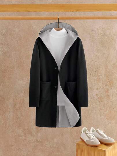 Manfinity NXTstreet Men's Hooded Long Sleeve Pocket Casual Fashion Versatile Mid-Length Overcoat, Autumn/Winter