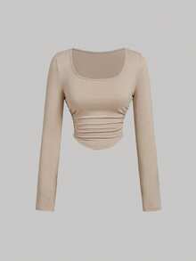 Tseoso 3 件套女士休闲方领褶皱腰不对称下摆长袖 T 恤套装，内置衬垫，蝴蝶结，百搭百搭，秋冬，优雅，复古，可爱，复古，休闲修身 W - 彩色 - 查看 5