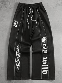 PAVTROS Pantalon de survêtement décontracté pour hommes avec cordon de serrage à la taille, pantalon de survêtement noir avec imprimé graphique pour l'automne, pantalon streetwear avec imprimé lettres, pantalon élastique pour hommes, pantalon de survêtement Y2k goth pour hommes - Noir - Voir 2
