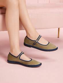 CUCCOO DOLLMOD Giày bệt Mary Jane nhung cổ điển thanh lịch, thoải mái bằng vải nhung màu kaki dành cho nữ - Màu Khaki - Xem 8