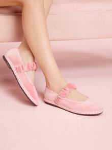 CUCCOO DOLLMOD Women's Elegant Velvet Mary Jane Flats, Shallow Pink, Comfortable & Stretchy - Baby Pink - View 9