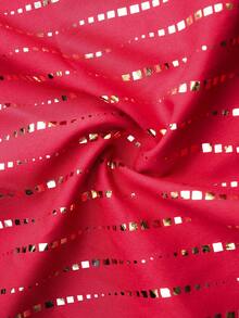 SHEIN Clasi 女式条纹露肩宽松时尚优雅衬衫 - 酒紅色 - 查看 6