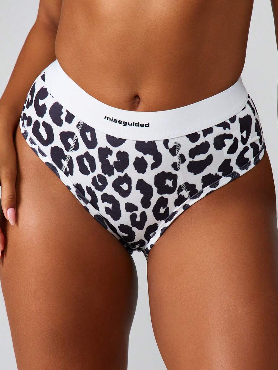 MISSGUIDED 豹纹高腰三角内裤，腰带舒适，适合日常穿着 - 黑與白 - 查看 1