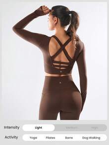 GLOWMODE FeatherFit™ Criss Cross Backless Cropped Sports Long Sleeve Tee Low Impact Yoga Pilates Daily - 巧克力棕 - 查看 7