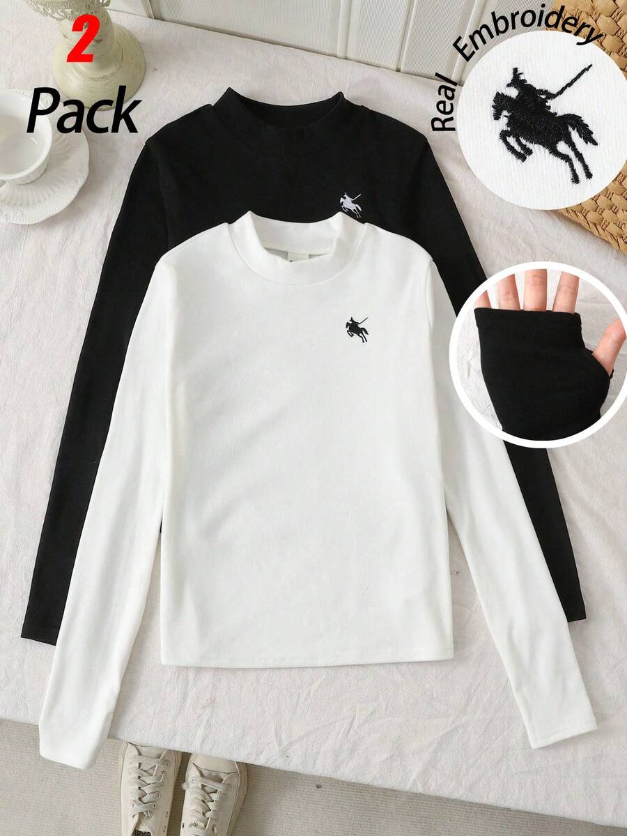 SHEIN 2件/套 少女休闲修身长袖镂空拇指孔刺绣马图案保暖内衬柔软弹力针织T恤,黑白两色,秋冬少女长袖上衣套装 - 黑與白 - 查看 1