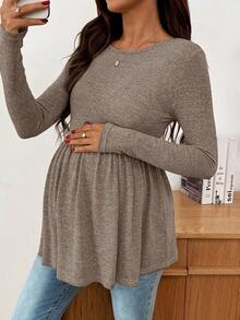 SHEIN Comfortable Khaki Maternity T-Shirt Long Sleeve Round Neck Knitted Flared Long Top - Khaki - View 1