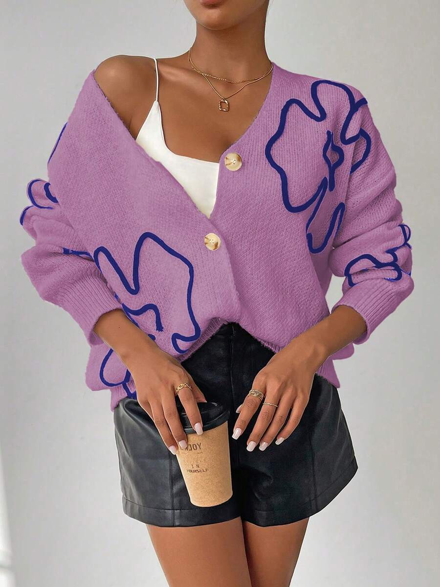 Chiquease Women's Casual Floral Print Dropped Shoulder Loose Button-Front Cardigan, Autumn/Winter - Purple - View 1
