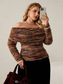 Auralis 大码女式性感优雅Y2K休闲露肩褶皱修身长袖针织毛衣，适合日常穿着，秋冬春季大码服装，大码套头衫，大码露肩上衣，露肩毛衣，大码毛衣，露肩长袖针织衫，针织上衣，女式毛衣，女式毛衣 - 棕色 - 查看 5