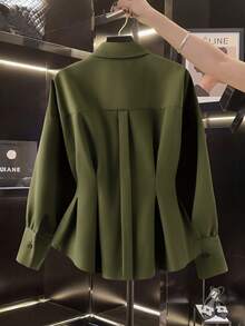 Franclia 女式纯色落肩长袖系带休闲衬衫，秋冬 - 軍綠色 - 查看 2