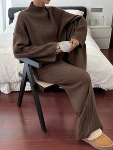 Livesso 女士宽松商务休闲优雅办公室装，棕色高领针织毛衣和直筒裤套装，秋冬 - 棕色 - 查看 3