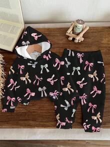 Cute Sweet Bow Print, Collegiate Style, French Retro Sweet, Young Girl Loose Sporty Comfortable Casual Minimalist Hoodie And Sweatpants 2 Pieces Set, Suitable For Autumn/Winter, Casual Campus Sports Style, Outdoor Picnic, Outings, Street Photography, Home, Campus - Multicolor - View 7