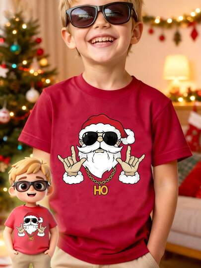 Sparklyn Santa Claus Print Round Neck Short Sleeve Casual T-Shirt For Young Boys