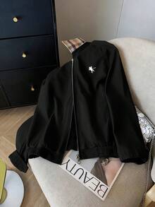 Airaco 休闲宽松拉链撞色图案印花长袖夹克 - 黑色 - 查看 5