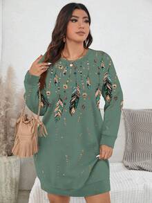 EMERY ROSE Vintage Gold Feather Print Casual Minimalist Plus Size Sweatshirt, Suitable For Party, Autumn/Winter - Multicolor - View 5