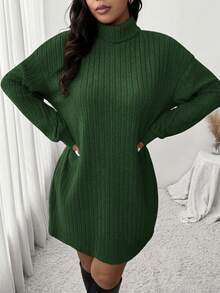SHEIN Frenchy Casual Turtleneck Ribbed Knit Fleece Dress, Plus Size, Suitable For Leisure And Home Wear, Autumn/Winter - Dark Green - View 3