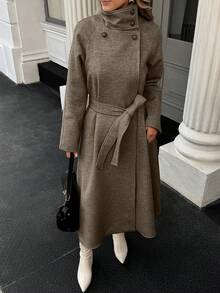 Xyvia Autumn And Winter Women's Casual High-Neck Button Belt Long Woolen Coat, Old Money Style Women's Clothing/Women's Office Wear/Outing Wear, Women's Autumn Clothing - Brown - View 6