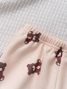 Cozy Pixies 2pcs Baby Boy Cartoon Bear Pattern Contrast Color Hooded Sweatshirt And Elastic Waist Pants Set - Khaki - View 6