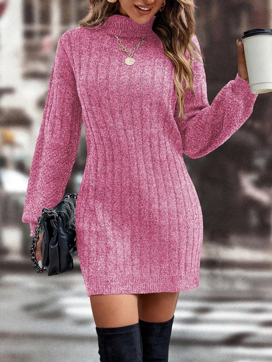 SHEIN Unity 女士时尚休闲高领毛衣裙,秋冬 - 玫紅色 - 查看 1