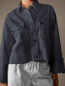 MISSGUIDED Cropped Button Front Denim Shirt Chest Pocket Long Sleeve Collared Jacket - Grey - View 3