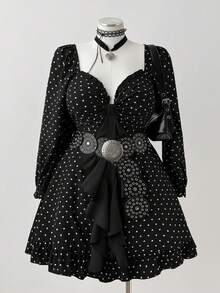 Sunspun 大码可爱心形和波尔卡圆点印花黑色连衣裙 - 黑色 - 查看 5