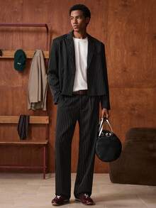 SWAVVY Men's Striped Mandarin Collar Suit Blazer And Pants Set, Business Casual For Commuting, Autumn, Wedding - Multicolor - View 6