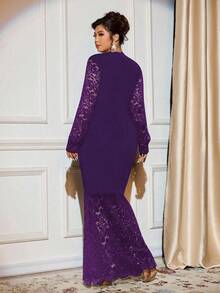 Cravure Women's Plus Size Knitted Elegant Wrap Bodycon Dress Sleeves Spliced Lace Lantern Sleeves Hem Spliced Triangle Lace Evening Dress Lace Dress Bodycon Dress - Purple - View 2