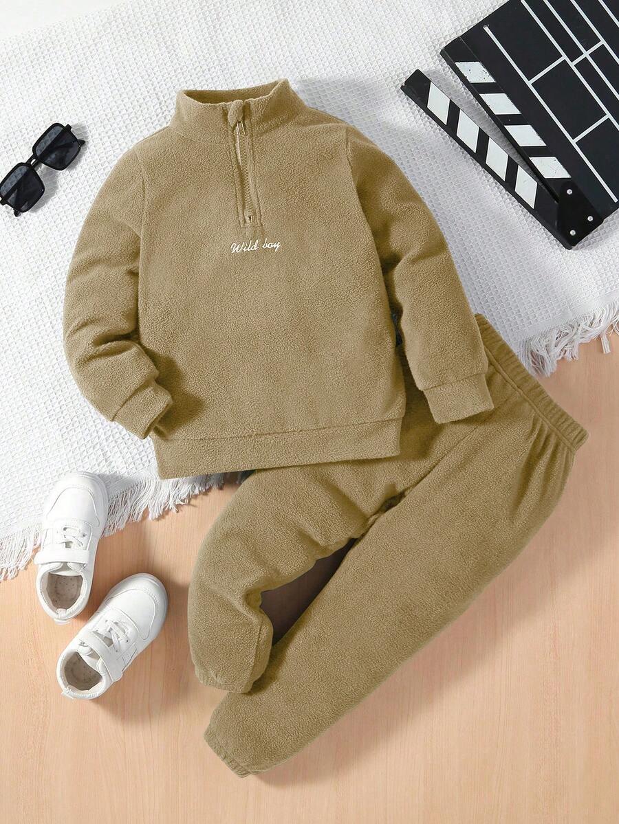 SHEIN 2件套小男孩字母刺绣立领半拉链长袖连帽衫和运动裤 - 駝色 - 查看 1