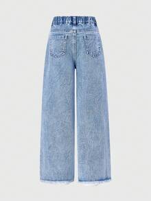 ChillGRL Tween Girls' Sweet & Cute Casual Fashion Washed Blue High Waist Elastic Waistband Five-Pointed Star & Heart Print Wide Leg Jeans, Suitable For Daily School, Weekend Outing, And Party Occasions