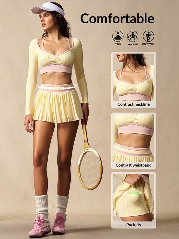 VARSITIE Conjunto deportivo de top y falda pantalón para mujer, para uso casual, exterior, running, fitness y yoga