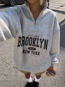 Attitoon 复古美式校园风格休闲超大中性女式宽松半拉链高领羊毛连帽衫，适合秋冬季 - 灰色 - 查看 8