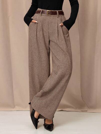 SHEIN PETITE Vintage Elegant Women's Fitted Plaid Straight Leg Pockets Pants, Khaki Renaissance Fair Old Money Business Casual Women Business Casual Woman Work Clothes Women Old Money Style Women Business Casual Woman Church Clothes Women,Fall,Fall Clothes For Women