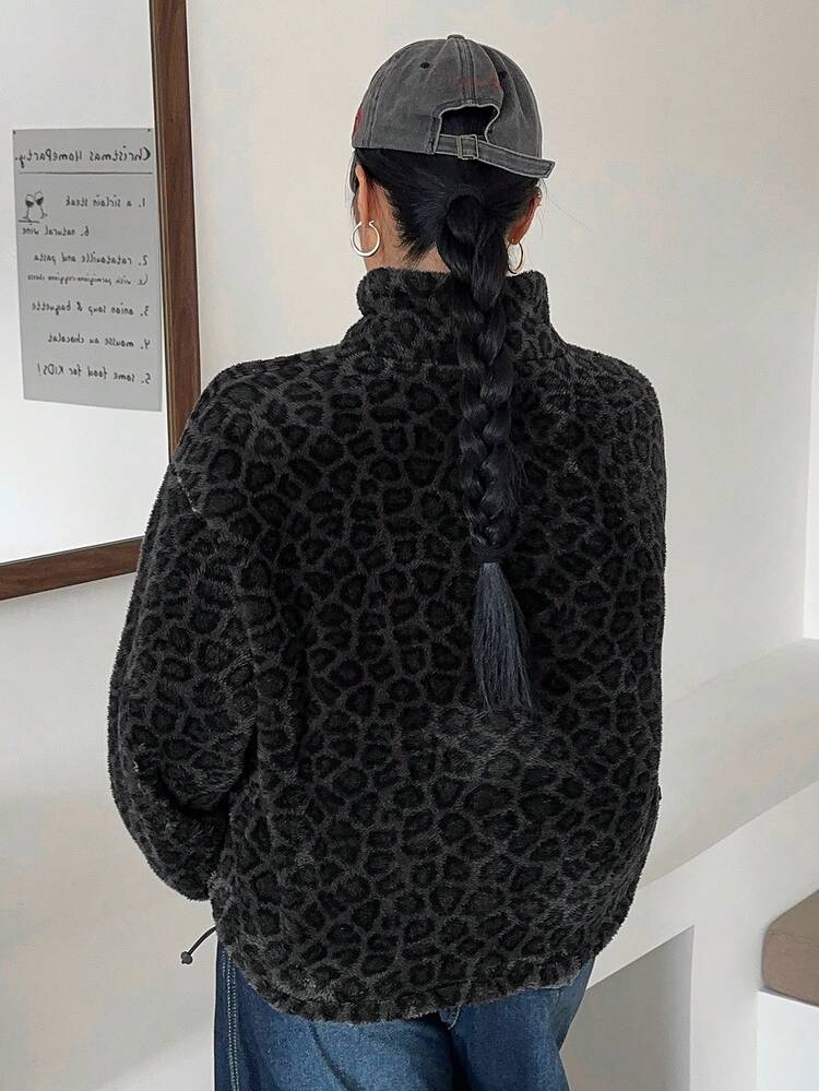 Dazy Plus Leopard Print Zip-Up Loose Pullover Sweatshirt, Thick Thermal Lined, Street Style, Plus Size Women, Autumn/Winter