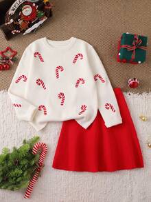 SHEIN Girls Christmas Themed Long Sleeve Top And Red Skirt Sweater Set - Beige - View 7