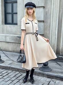 Teen Girls' Casual Colorblock Trim Waist Belt Round Neck Dress - Khaki - View 4