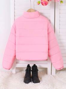Tween Girls' Pink Short Padded Coat, Stand Collar Zipper Design, Minimalist Outerwear, Diamond Quilted Stitching Snug Fit Effect, Ribbed Cuffs And Hem, Thermal Lined, Fluffy Silhouette, Cute & Age-Reducing, Sweet & Practical Style, Suitable For Daily Outings, School, Children's Winter Clothing, Cardigan, Tween Girls' American Retro Chic Short Padded Coat - Pink - View 2