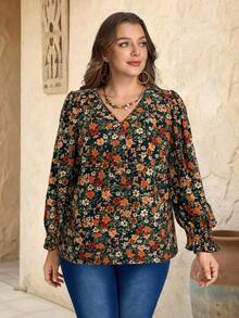 EMERY ROSE Plus Size Floral V-Neck Long Sleeve Shirt - Multicolor - View 4