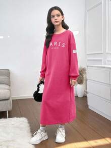 SHEIN 青少年女孩休閒保暖內裡寬鬆衛衣連身裙，粉色與白色，秋冬，學校，返校季 - 玫紅色 - 查看 4