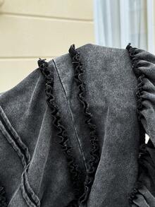 Muchica 秋冬大码休闲水洗荷叶边下摆阔腿裤 - 黑色 - 查看 3